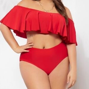 Red Flounce Off The Shoulder Bikini Set